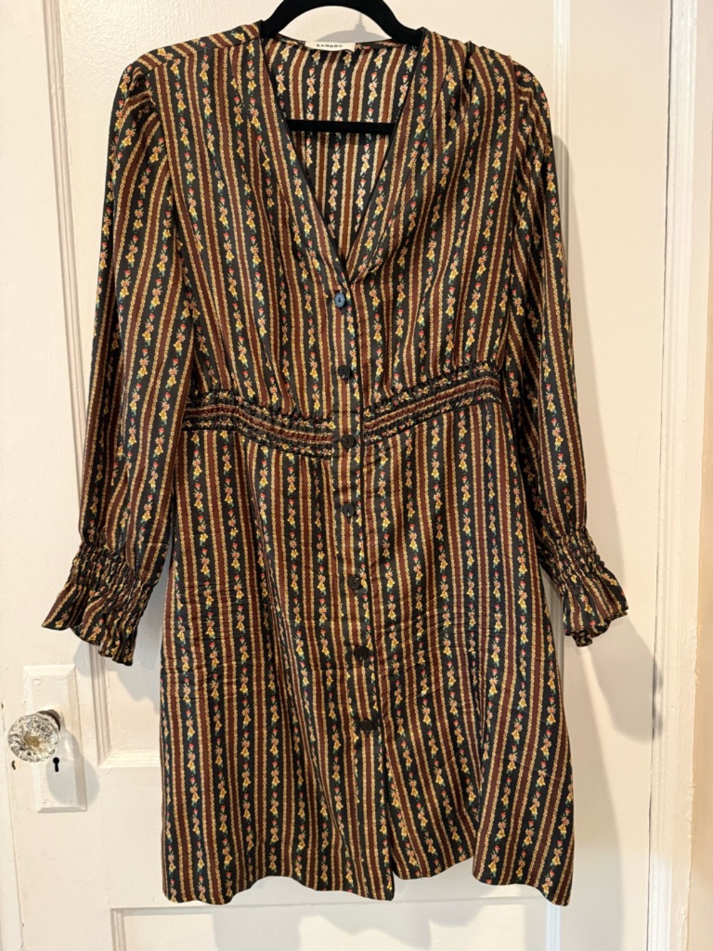 Sandro 100% Silk Knee Length Dress Size 42 US 10/12 Elastic Waist EUC Brown